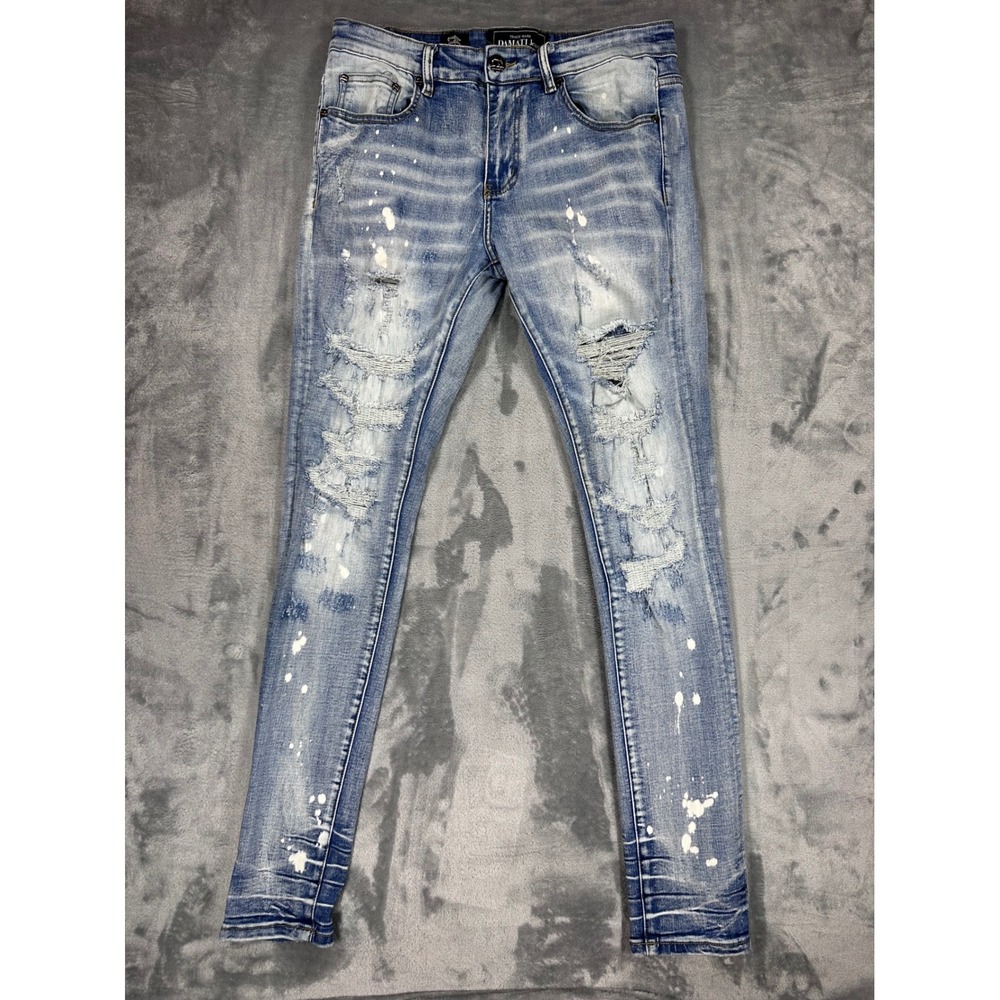Damati Jeans Mens 32 Light Wash Distressed Paint Splatter‎ Moto Slim Fit Denim